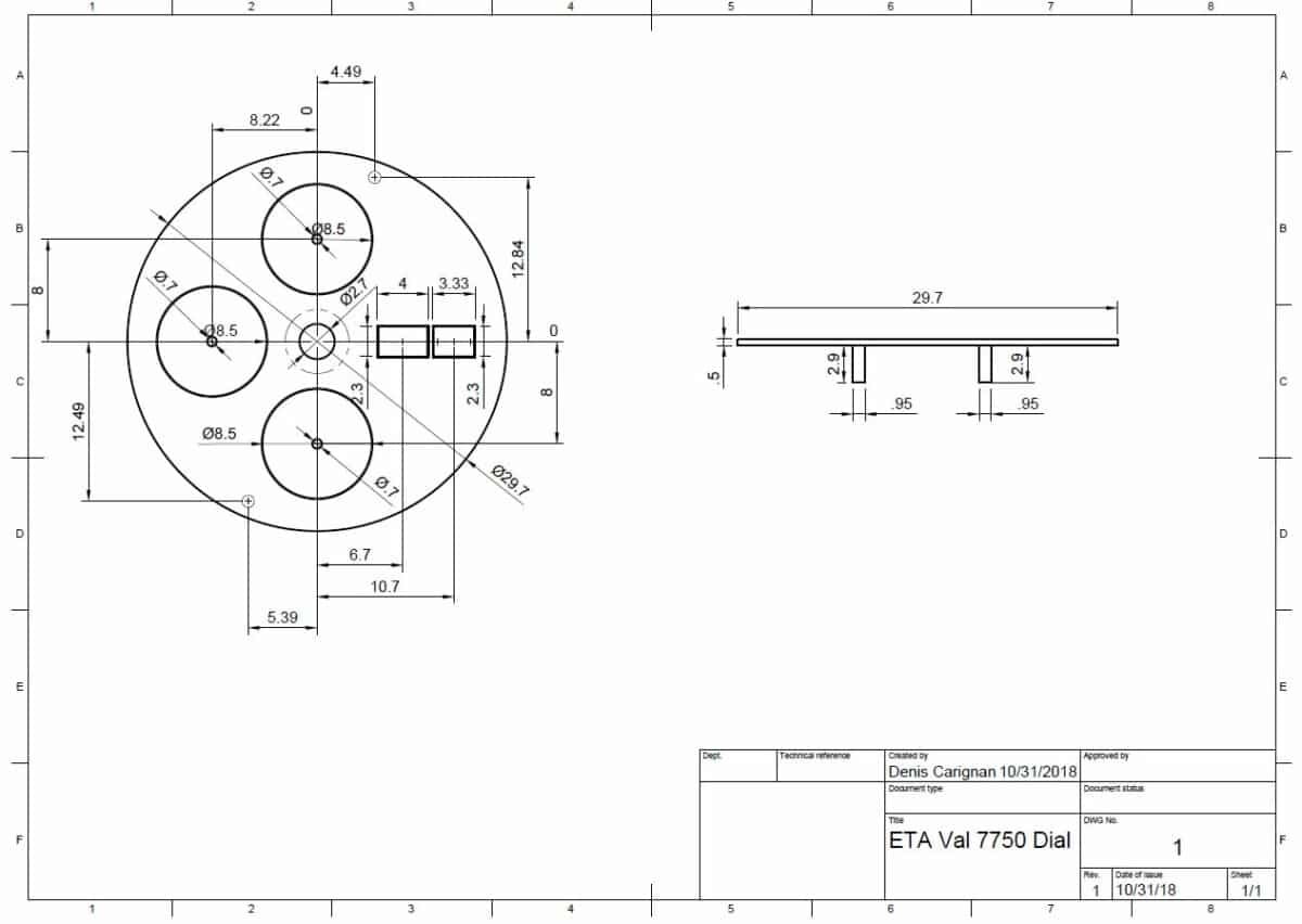 ETA VALJOUX DIAL DIAGRAM BLUEPRINT DRAWING